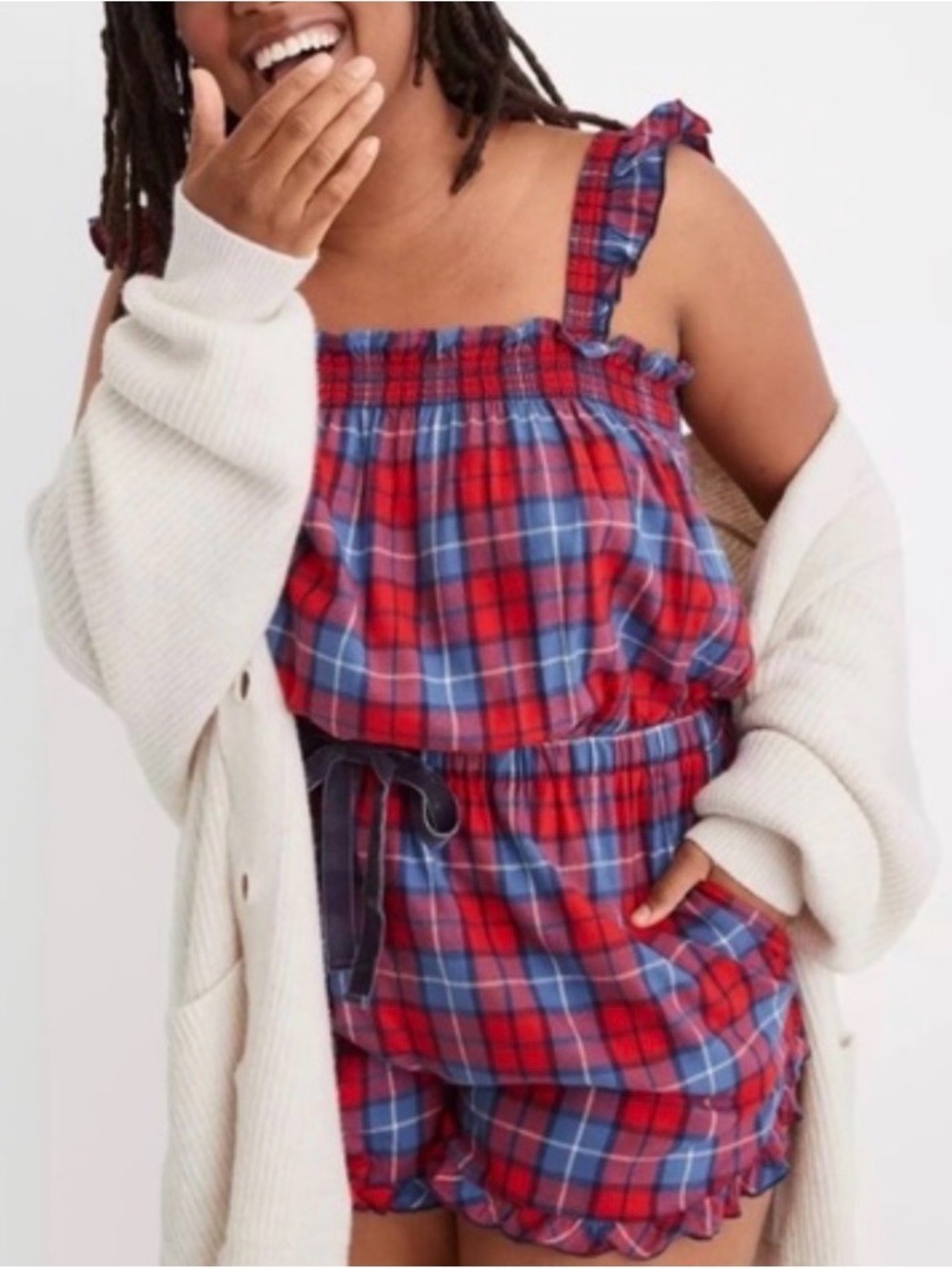 Aerie Flannel Plaid Romper In Chilly Red Blue pajama PJ Ruffled Size M NWT